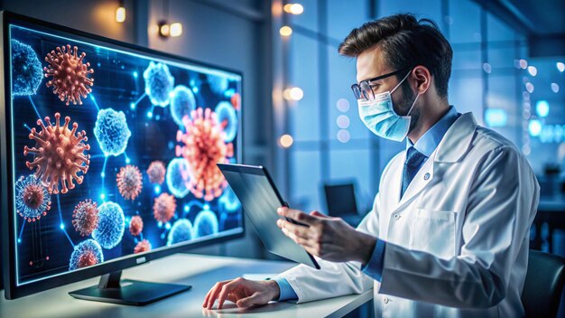 a doctor in a lab coat using a tablet with a virus on the screen