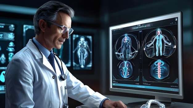 doctor looking at a computer screen with a brain in the middle