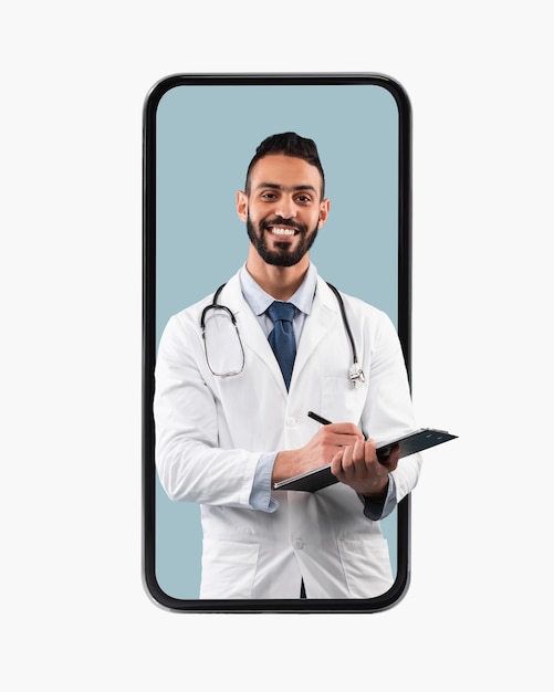 Doctor looking out big smartphone screen writing prescription