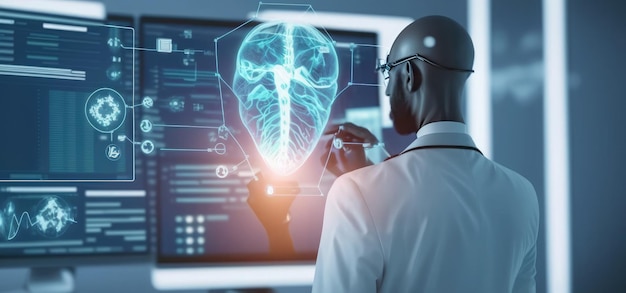 A doctor looks at a brain with a stethoscope on his neck.