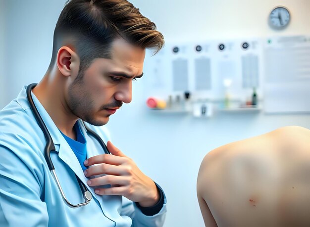 Photo doctor measuring the size of a mole on patients back