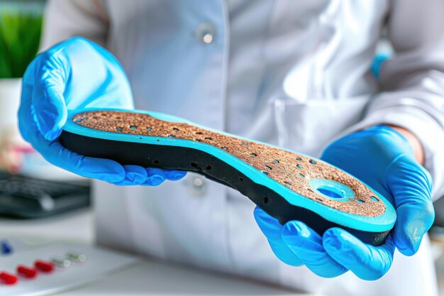 Photo doctor in medical rubber gloves holds an orthopedic insole for treatment and prevention of flat feet