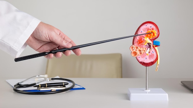 Doctor nephrologist pointing at tumor on a kidney mockup on his desktop