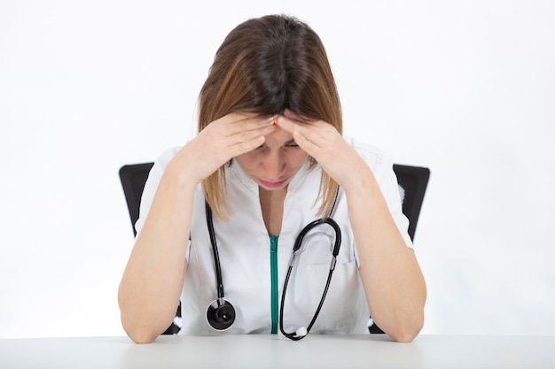 Doctor, nurse at her desk with her hands on her head. Bad news or headache.