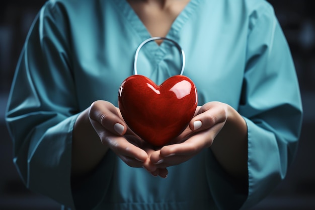 A doctor or nurse holds a heartshaped blood pack Donor day concept