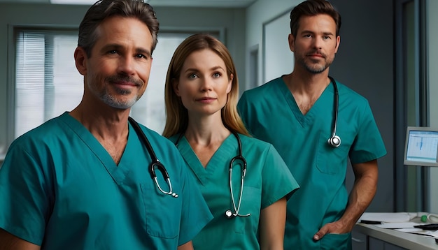 Doctor and a nurse stand in a room discussing report