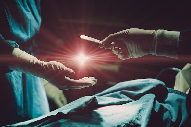 Doctor operating patient in hospital sending Surgical Blade with light flare for giving life with organ donor concept