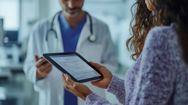 Photo doctor and patient discussing medical records