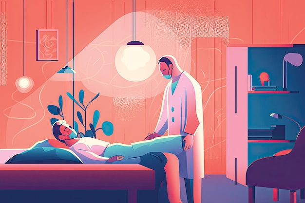 Doctor and patient in hospital room illustration in flat style