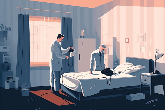 Doctor and patient in hospital room illustration in flat style