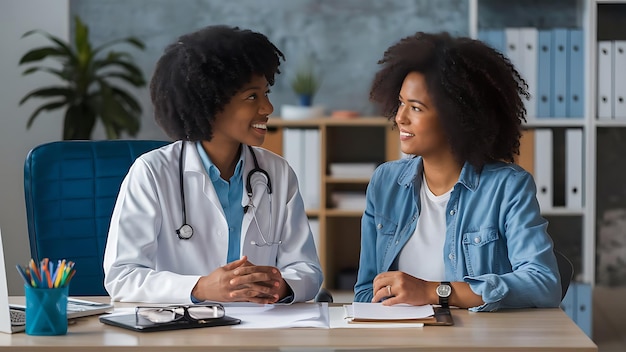 Doctor and patient talking in hospital office while sitting at the desk Health care and client