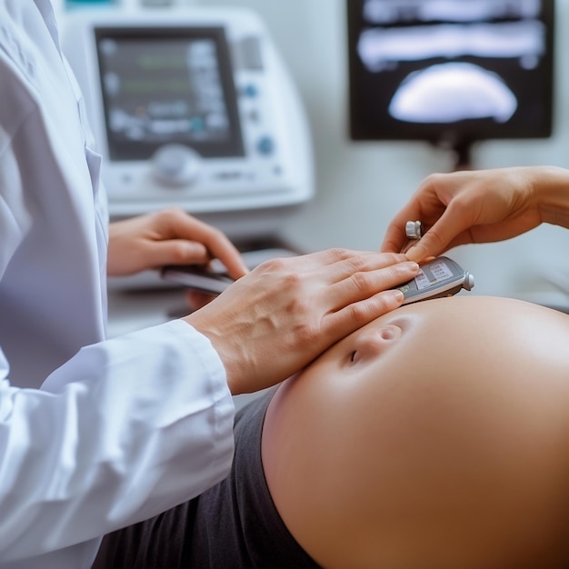 Photo a doctor performing an ultrasound on a pregnant woman