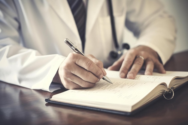 Doctor physician with a stethoscope writing a prescription at his desk