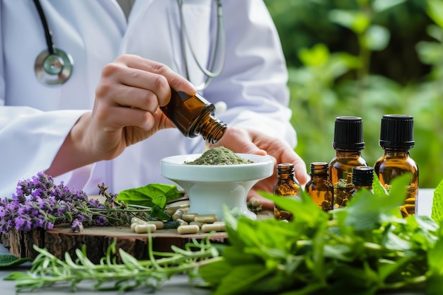 Photo the doctor prepares medicine from herbs and plants phytotherapy