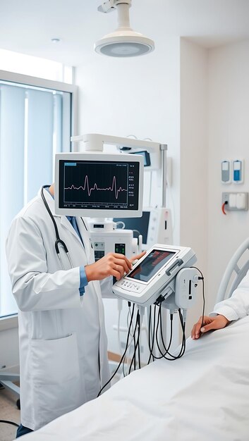 Photo doctor preparing ecg machine beside patient