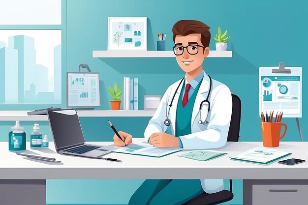 Doctor present sitting at the table in hospital infirmary clinichealthcare conceptCharacter professional physician on workplace illustrationBannerlayout templatecoveradposter