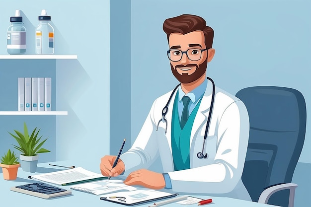 Doctor present sitting at the table in hospital infirmary clinichealthcare conceptCharacter professional physician on workplace illustrationBannerlayout templatecoveradposter