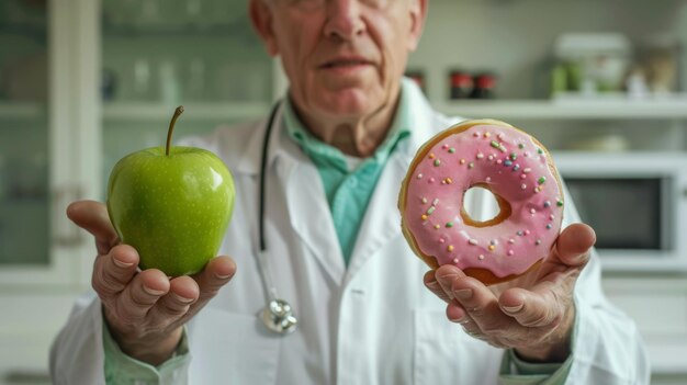 Photo doctor presenting apple and doughnut