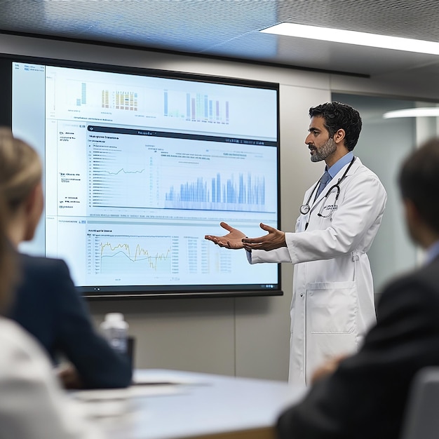 Photo doctor presenting research findings to colleagues