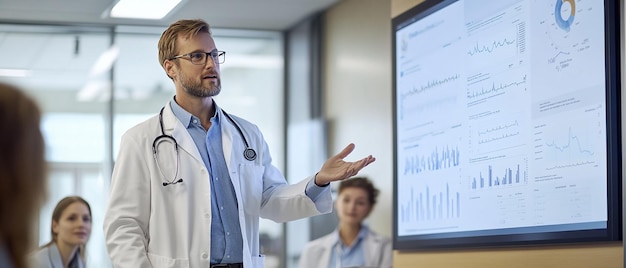 Photo doctor presenting research findings to colleagues