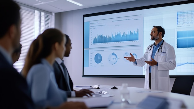 Photo doctor presenting research findings to colleagues