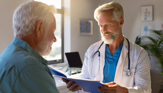 Photo doctor reading file by senior patient at sunny day in hospital