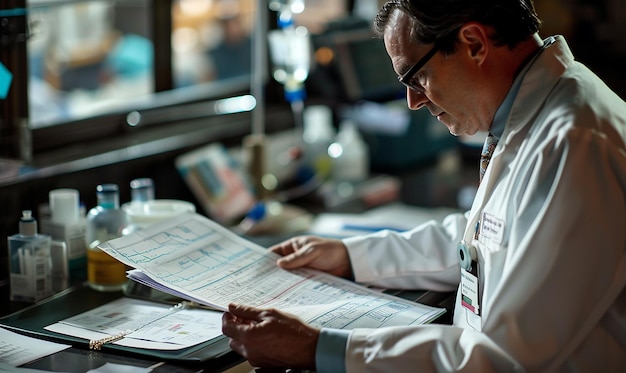 Photo doctor reviewing medical charts