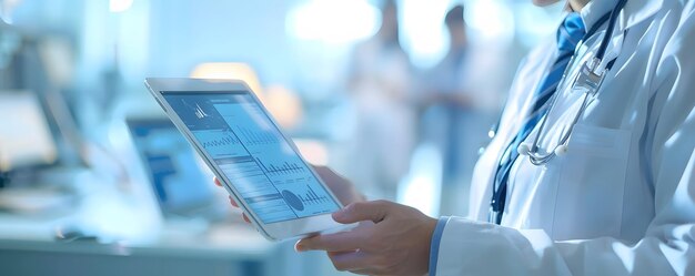 Photo doctor reviewing medical data on tablet in hospital setting