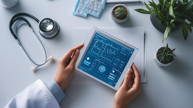 Photo doctor reviewing medical data on a tablet