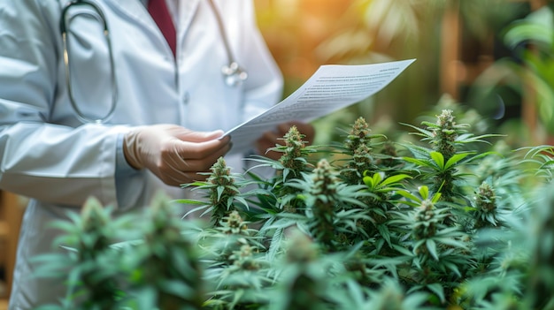 Photo doctor reviewing medical marijuana research in a greenhouse