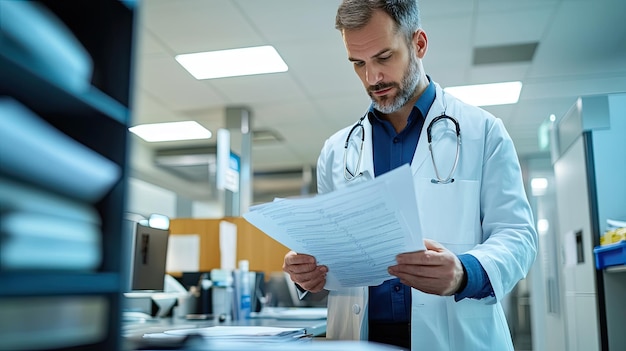 Photo a doctor reviewing patient documents in a medical office