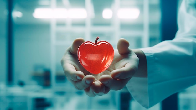 Doctor's hand holding a red heart shape in a hospital love donor world heart day healthinsurance concept Generative AI