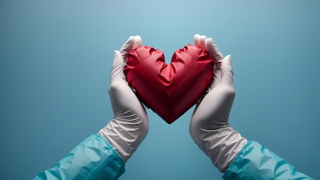 Doctor's hands in medical gloves in shape of heart on blue background