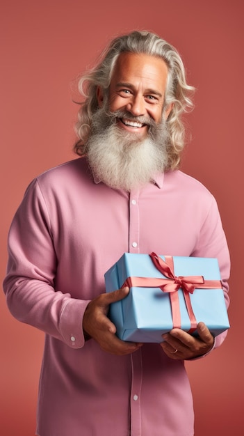 Doctor in Santa Clause costume holding a Christmas giftbox