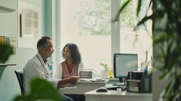 Photo doctor shares medical test results with a female patient using a digital tablet in a welllit office