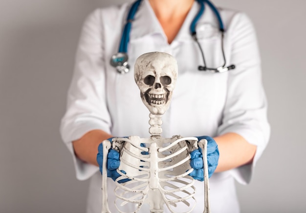 Doctor showing human skeleton Woman in lab coat with stethoscope teaching anatomy to students Skeletal system anatomy body structure medical education concept