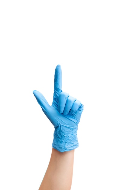 Doctor shows gesture with finger in latex gloves