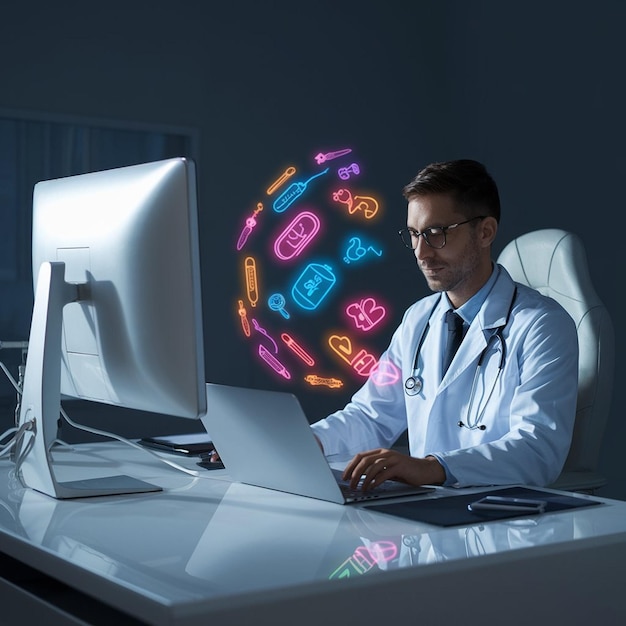 a doctor sits at a desk with a circle of letters on it