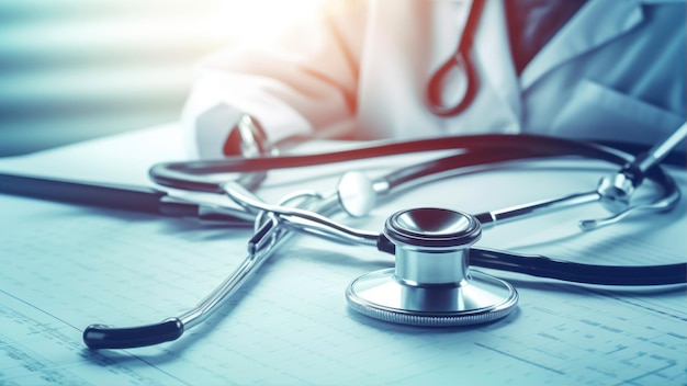 A doctor sits at a desk with a stethoscope on it.