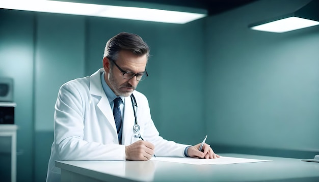 Photo a doctor sits at a desk and writes in a notebook