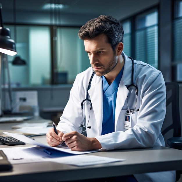 A doctor sitting her hospital office desk and observing his patient treatment document