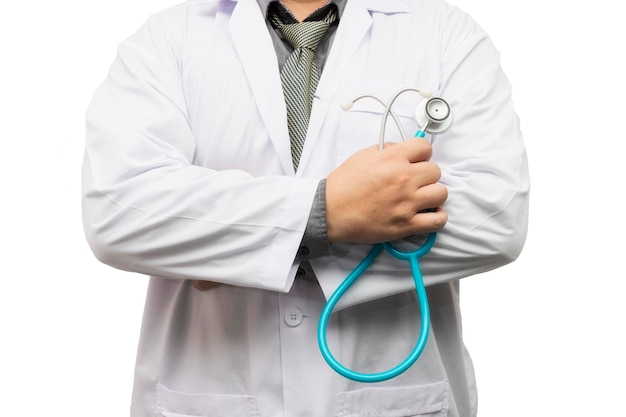 Doctor standing arms crossed with stethoscope isolated on white background