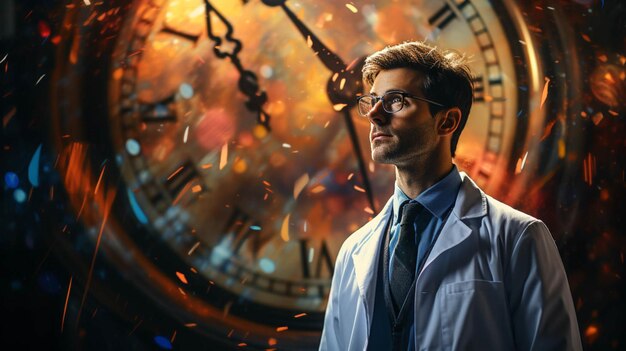 a doctor standing next to a clock background world health day