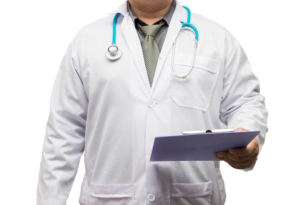 Doctor standing with stethoscope and holding chart diagnose isolated on white background.