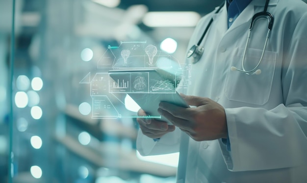 Doctor standing working with futuristic medical digital technology tablet with overlay in the air