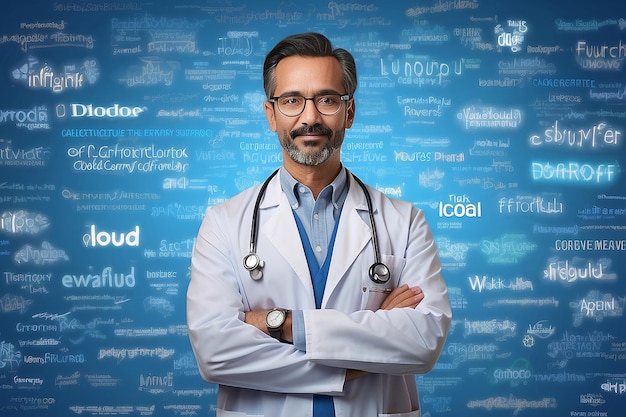 A doctor stands in front of a blue background with a digital display of the word cloud