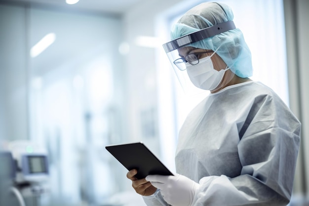 A doctor in a surgical mask using a tablet to view a patients medical records generative ai