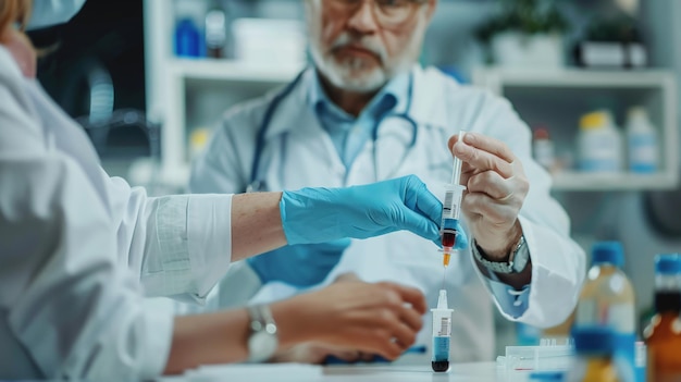 Photo doctor taking blood sample from patient for laboratory testing