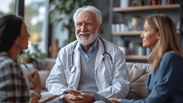 Doctor talking to patient Greyhaired senior man in white coat talking to patient while sitting on couch at home