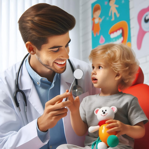 Photo doctor teaching a child about dental tools